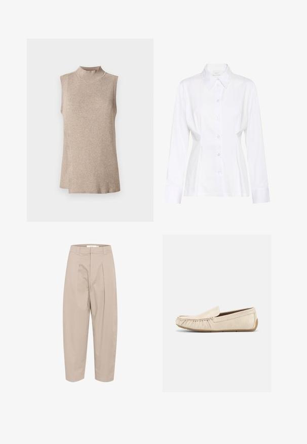 Haut sans manches beige avec un col montant côtelé, présentant un motif tricoté texturé et un ourlet asymétrique, idéal pour les superpositions.; Blouse blanche à manches longues avec col pointu, taille cintrée et étiquette de marque visible "Gestuz" à l'intérieur du col.; Pantalons en mélange de coton beige, à coupe ample, avec des plis sur le devant, une taille et des chevilles raccourcies. Design simple, sans motifs ni accents.; Mocassin beige en cuir texturé, à enfiler, avec surpiqûres style mocassin et semelle en caoutchouc, présenté en profil latéral sur fond blanc.