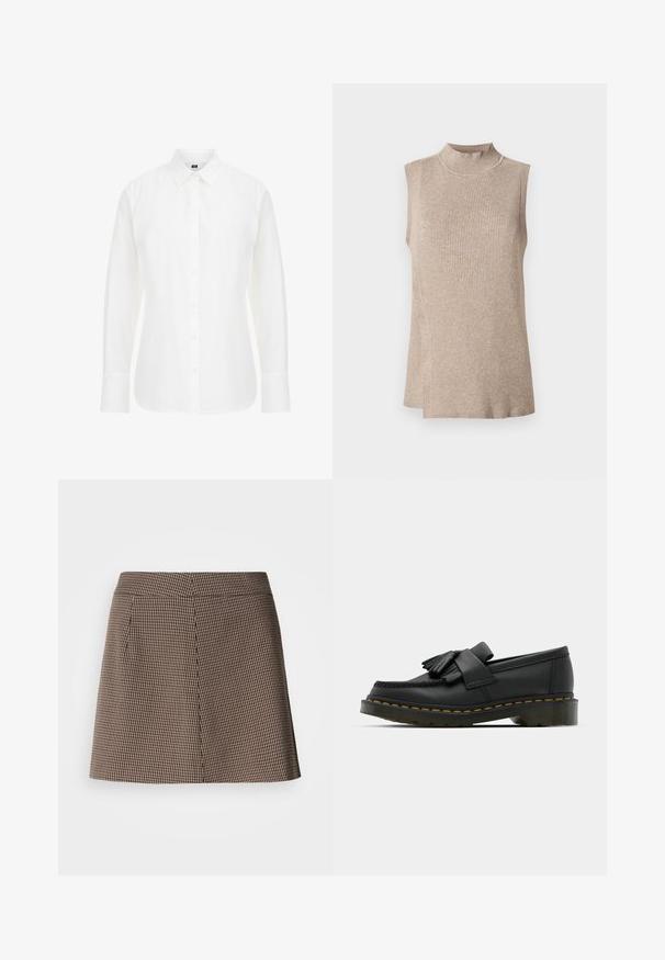 Top sin mangas beige con un alto cuello acanalado, que presenta un patrón de punto texturizado y un dobladillo asimétrico, adecuado para superponer.; Camisa blanca de manga larga hecha de algodón, con un cuello clásico, botones en la parte delantera y un dobladillo recto con bordes ligeramente redondeados.; Minifalda con estampado de pata de gallo en marrón y negro, con un corte recto y detalle de costura frontal sobre un fondo blanco.; Mocasines de cuero negro con punta redonda, que presentan un detalle de flecos y una banda decorativa en la parte frontal, montados sobre un tacón grueso.