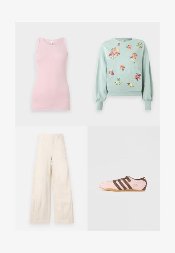Sweatshirt vert clair avec broderies florales en rose, orange et jaune. Il présente des poignets et un ourlet côtelés, avec une coupe décontractée et des manches ballon.; Débardeur rose clair en tissu doux et extensible. Il présente un col rond et des bretelles étroites, avec une texture lisse et une coupe ajustée.; Pantalons à jambe large en coton beige, dotés de poches avant et d'une texture lisse. Pas d'ornements ni de motifs visibles.; Baskets rose clair avec des rayures marron, une semelle marron et une seule bride velcro sur un fond gris clair uni.