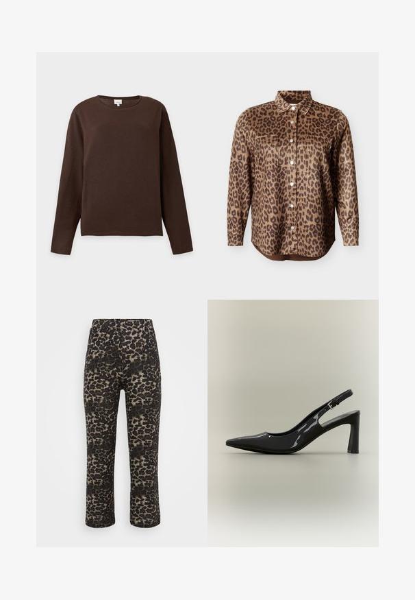 Σκούπερ καφέ πουλόβερ με μακριά μανίκια και στρογγυλή λαιμόκοψη, με απλή, λεία υφή, εμφανιζόμενο σε απλό φωτεινό φόντο.; Πουκάμισο με κουμπιά και μακριά μανίκια σε λεοπάρ σχέδιο, με δύο τσέπες στο στήθος και μυτερό γιακά, επάνω σε απλό φόντο.; Παντελόνι με λεοπάρ σχέδιο σε μαύρο και μπεζ, με ίσια γραμμή, ελαστική μέση και απαλό ύφασμα.; Μαύρη γόβα slingback από δέρμα με λούστρο, μυτερή μύτη, μεσαίου ύψους τετράγωνο τακούνι και ρυθμιζόμενο λουράκι με αγκράφα.
