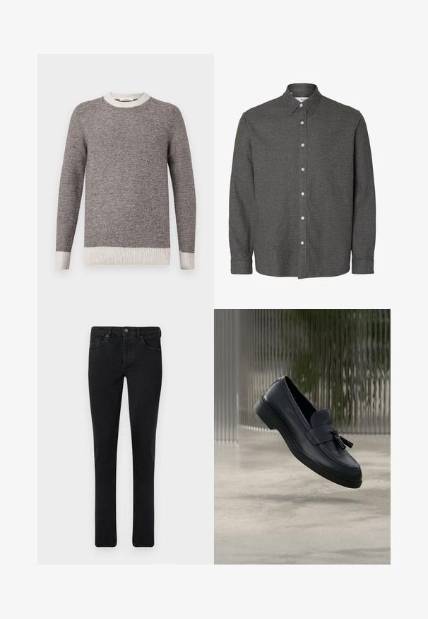 Jersey a rayas gris y crema, con cuello redondo acanalado y puños. Textura suave con rayas horizontales, que presenta un ajuste holgado.; Camisa de manga larga gris oscuro con botones, con cuello puntiagudo y botones blancos en el centro delantero.; Vaqueros de mezclilla oscura con un corte ajustado, diseño de cinco bolsillos y cierre de botón metálico. Textura suave y color uniforme en todo el conjunto.; Mocasines de cuero negro con textura suave, punta redondeada y borlas decorativas en el frente. Suela de goma flexible con tacón bajo.