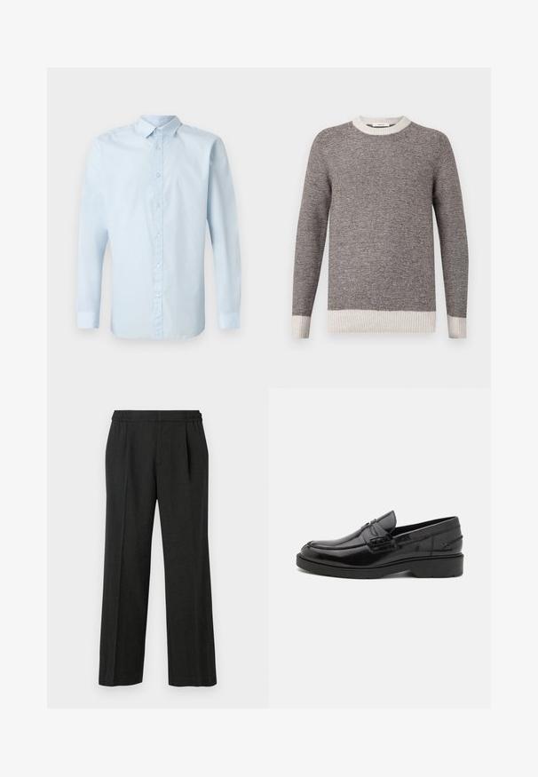 Jersey a rayas gris y crema, con cuello redondo acanalado y puños. Textura suave con rayas horizontales, que presenta un ajuste holgado.; Camisa de manga larga azul claro hecha de tela suave, con frente de botones, cuello estándar y puños abotonados.; Pantalones de pierna ancha negros con cintura elástica, frente plisado y textura suave. Sin patrones visibles ni detalles metálicos.; Mocasines de cuero negro con un acabado suave, punta redondeada, tacón bajo y costura decorativa en la parte delantera. Suela de goma para mayor agarre.