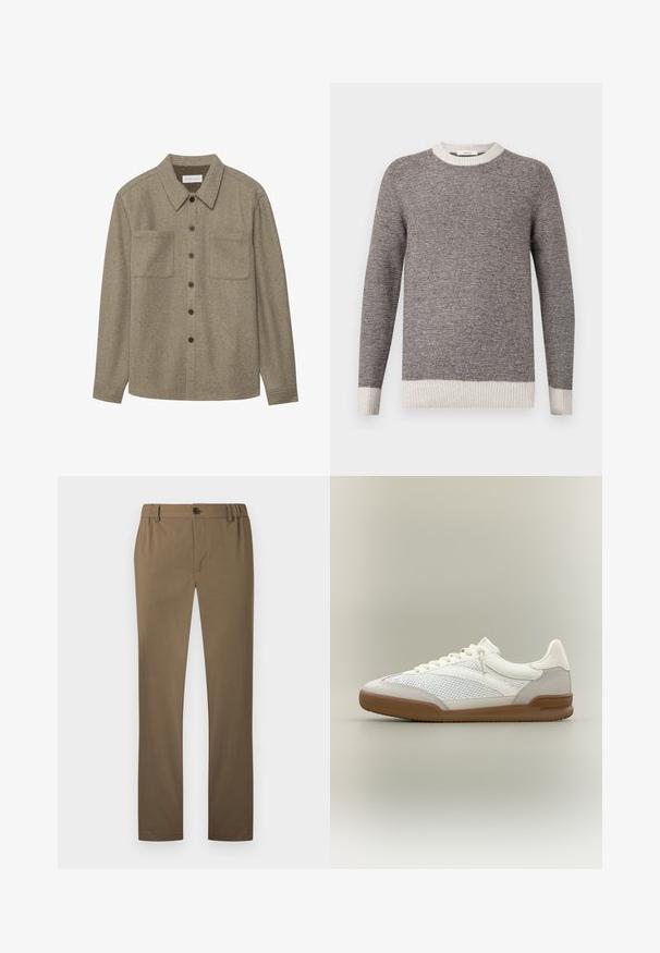 Pull rayé gris et crème, avec un col rond côtelé et des poignets. Texture douce avec des rayures horizontales, présentant une coupe décontractée.; Chemise boutonnée en laine marron avec un col pointu, deux poches poitrine et des boutons noirs. Texture douce avec une coupe décontractée.; Pantalon droit pour homme en kaki avec fermeture à bouton et glissière, passants de ceinture, sans détails de poches visibles.; Baskets basses blanches et gris clair avec panneaux en maille et en daim, lacets blancs et semelle en caoutchouc marron sur un fond neutre.