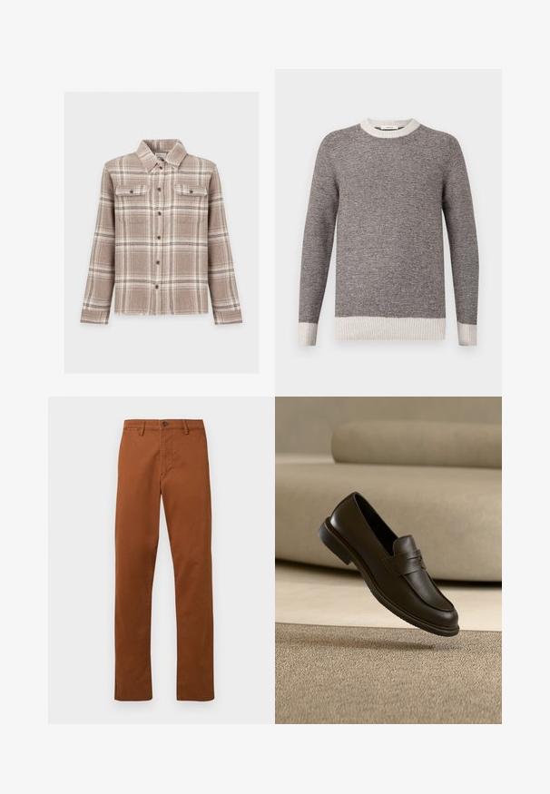 Pull rayé gris et crème, avec un col rond côtelé et des poignets. Texture douce avec des rayures horizontales, présentant une coupe décontractée.; Chemise à carreaux beige et marron avec boutons, manches longues, col pointu et deux poches poitrine boutonnées.; Pantalons en coton marron avec une coupe droite, dotés d'une fermeture à bouton et de poches latérales, à la texture lisse et mate.; Un seul mocassin en cuir brun foncé flottant au-dessus d’un tapis texturé beige, avec un canapé beige flou en arrière-plan.