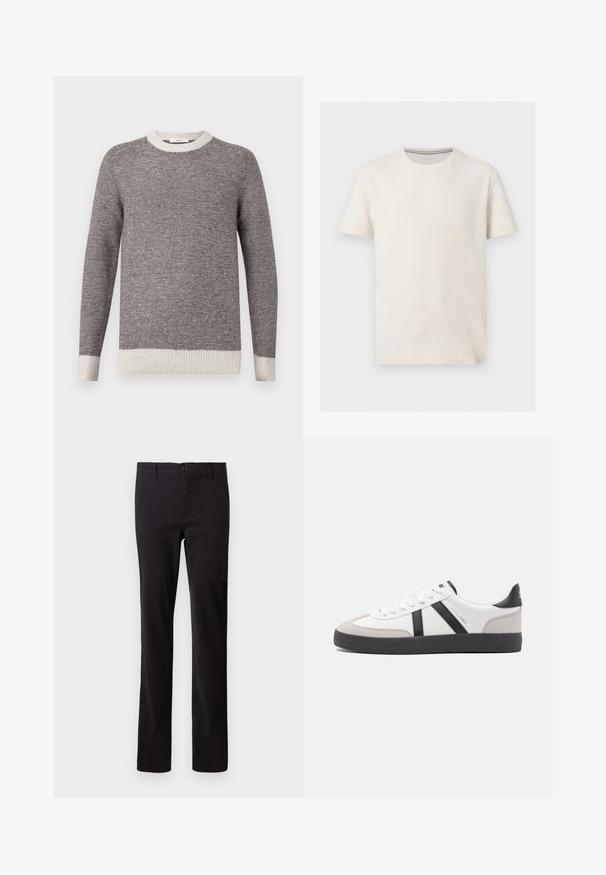 Grijs en roomkleurig gestreepte trui, ribbelboord bij de ronde halslijn en mouwen. Zachte textuur met horizontale strepen, met een relaxed fit.; T-shirt van getextureerde off-white katoen met korte mouwen, ronde hals en subtiel logo op de linkerborst, weergegeven op een grijze achtergrond.; Zwarte broek gemaakt van een katoenmix; heeft een recht model en een sluiting met een knoop aan de voorkant. Geen patronen of versieringen zichtbaar.; Witte sneaker met zwarte en grijze accenten, voorzien van een grijze neus met textuur, zwarte rubberen zool en platte witte veters. Schoon ontwerp, minimalistische stijl.