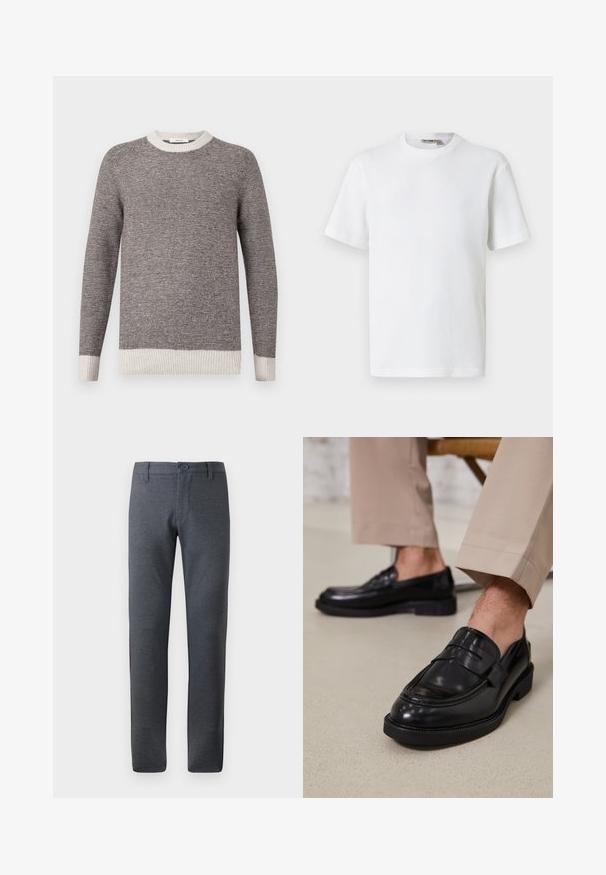 Grijs en roomkleurig gestreepte trui, ribbelboord bij de ronde halslijn en mouwen. Zachte textuur met horizontale strepen, met een relaxed fit.; Wit T-shirt met korte mouwen, wafelstructuur en ronde hals, met een klein merkembleem aan de binnenkant van de kraag, afgebeeld op een effen achtergrond.; Grijze, gestructureerde broek met een rechte pasvorm, voorzien van een tailleband met riemlussen, voorzakken en een enkele knoopsluiting.; Zwarte leren loafers met een gladde afwerking, voorzien van een decoratieve band en contrasterende stiksels, gecombineerd met beige broeken.
