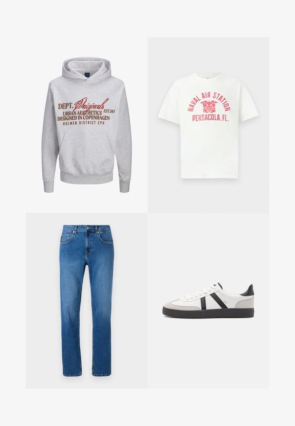 Sivá mikina s klokankou, s kontrastným červeným a hnedým textom: "DEPT. Originals EST.90 Urban Aesthetics Designed in Copenhagen."; Biely tričko s krátkym rukávom s červeným textom "NAVAL AIR STATION PENSACOLA, FL." a emblémom orla na prednej strane v strede.; Modré riflové džínsy s rovnou nohavicu, s klasickým piatich vrecúškovým dizajnom a jemnými švovými detailmi pozdĺž švov.; Biele tenisky s čiernymi a šedými akcentmi, s textúrovanou šedou špičkou, čiernou gumovou podrážkou a plochými bielymi šnúrkami. Čistý dizajn, minimalistický štýl.
