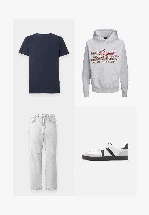 Sivá mikina s klokankou, s kontrastným červeným a hnedým textom: "DEPT. Originals EST.90 Urban Aesthetics Designed in Copenhagen."; Jednoduché tmavomodré tričko s krátkym rukávom a okrúhlym výstrihom, s malou bielou značkovou etiketu SELECTED vo vnútri goliera.; Svetlosivé džíny rovného strihu s prednými vreckami, zapínaním na gombík a jemnými vyblednutými detailmi, zobrazené na bielom pozadí.; Biele tenisky s čiernymi a šedými akcentmi, s textúrovanou šedou špičkou, čiernou gumovou podrážkou a plochými bielymi šnúrkami. Čistý dizajn, minimalistický štýl.