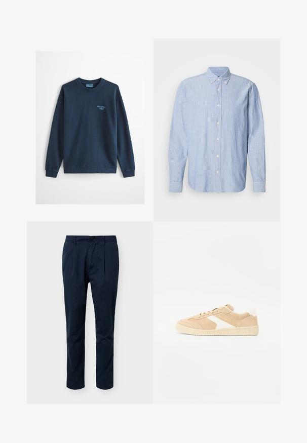 Vaaleansininen collegepaita, jossa on pyöreä pääntie, pitkät hihat ja pieni "Marc O'Polo Denim" -logo vasemmassa rinnassa.; Vaaleansininen nappikauluspaita, jossa on valkoisia raitoja, klassisella kauluksella ja pitkillä hihoilla. Valmistettu kudotusta kankaasta, jossa on sileä rakenne.; Merensinisenväriset miesten räätälöidyt housut, joissa on vyölenkit, etutaitokset, napillinen kiinnitys ja kapeat suorat lahkeet yksivärisellä taustalla.; Beige mokkasienet, joissa on valkoisia yksityiskohtia, pyöreä kärki ja nauhakiristys. Karkaistu päällinen ja kumipohja, jossa on huomaamaton brändäys.
