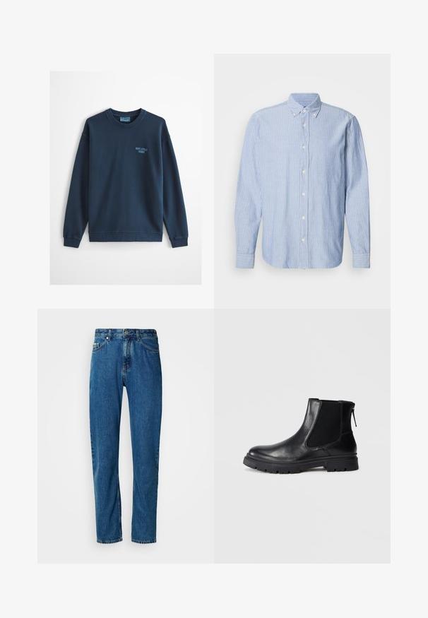 Svetlomodrá mikina s okrúhlym výstrihom, dlhými rukávmi a malým logom "Marc O'Polo Denim" na ľavej strane hrudníka.; Košeľa na gombíky v svetlo modrej farbe s bielymi pruhmi, s klasickým golierom a dlhými rukávmi. Vyrobená z tkaniny s hladkou textúrou.; Modré džíny s rovnými nohavicami, piatimi vreckami a predným zapínaním na gombík na bielom pozadí.; Čierne kožené členkové topánky s hladkým povrchom, elastickými sieťovými bočnými panelmi a robustnou podrážkou s viditeľným vzorom zvršku.