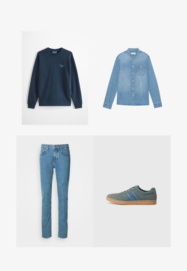 Lyseblå crewneck-sweatshirt med lange ærmer og lille "Marc O'Polo Denim"-logo på venstre bryst.; Lys blå denim skjorte med knapper, lange ærmer, spids krave, en enkelt brystlomme og subtil falmning på stoffet.; Lyseblå denimjeans med design i lige ben, solid linning og fem-lomme-stil. Blød tekstur med svag falmen på lårene.; Lys grøn ruskind sneaker med blå detaljer, flade snørebånd og en beige gummisål. Rund toe og lavprofil design.