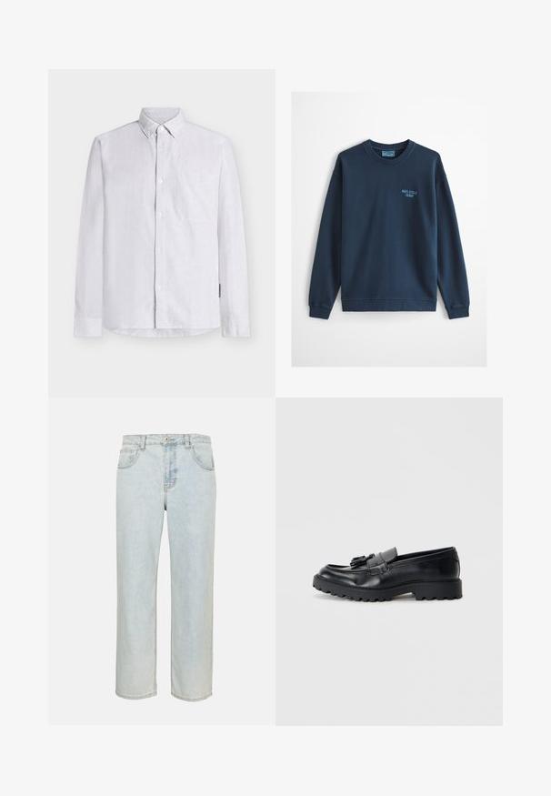 Sweat-shirt bleu clair à col rond avec manches longues et petit logo "Marc O'Polo Denim" sur le côté gauche de la poitrine.; Chemise blanche à manches longues avec un bouton-pression, une poche poitrine et un motif texturé subtil. Confectionnée dans un tissu léger, avec un col classique.; Jean denim bleu clair droit avec poches avant, passants de ceinture et fermeture par bouton sur un fond uni.; Mocassins en cuir noir avec une finition brillante, semelle en caoutchouc épaisse et détail de frange décoratif à l'avant.
