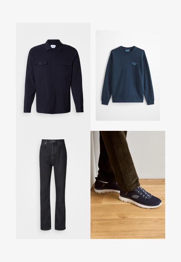 Lichtblauwe sweatshirts met ronde hals en lange mouwen, met een klein "Marc O'Polo Denim" logo op de linkerborst.; Navyblauwe overhemdenjack gemaakt van zachte stof, met twee borstzakken, een knoopsluiting aan de voorkant en lange mouwen met knoopmanchetten.; Hoge taille zwarte denim jeans met een knoop- en ritssluiting, voor- en achterzakken en een rechte pasvorm.; Marine mesh sneakers met witte zolen, met elastische veters en een logo-detail. Casual ontwerp met een lichte constructie.