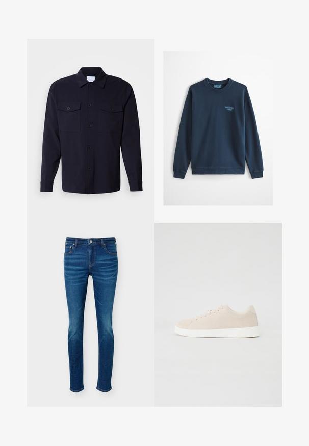 Lichtblauwe sweatshirts met ronde hals en lange mouwen, met een klein "Marc O'Polo Denim" logo op de linkerborst.; Navyblauwe overhemdenjack gemaakt van zachte stof, met twee borstzakken, een knoopsluiting aan de voorkant en lange mouwen met knoopmanchetten.; Blauwe slim-fit spijkerbroek met lichte vervaging op de dijen en knieën, vooraan knoop, rits en vijfzakkenstijl tegen een effen achtergrond.; Beige suède sneakers met witte rubberen zolen, ronde neus en zes veterogen. Gladde textuur met minimalistisch ontwerp.