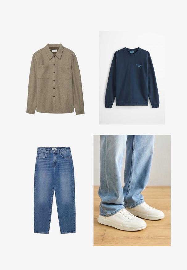 Sweat-shirt bleu clair à col rond avec manches longues et petit logo "Marc O'Polo Denim" sur le côté gauche de la poitrine.; Chemise boutonnée en laine marron avec un col pointu, deux poches poitrine et des boutons noirs. Texture douce avec une coupe décontractée.; Jean en denim bleu avec une taille haute, une coupe droite et une finition délavée. Comprend cinq poches et une fermeture à bouton.; Baskets blanches en cuir avec un design bas, des accents texturés et un bout rond, associées à un jean en denim bleu clair.