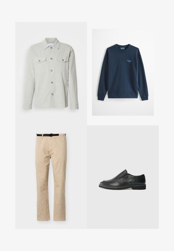Sweat-shirt bleu clair à col rond avec manches longues et petit logo "Marc O'Polo Denim" sur le côté gauche de la poitrine.; Chemise boutonnée gris clair, en tissu texturé, avec un col, deux poches poitrine et cinq boutons sur le devant.; Pantalon beige à jambes droites avec ceinture noire ajustable, taille élastique d'un côté et couture décorative à l'avant.; Chaussure slip-on en cuir noir avec une tige lisse, des accents cousus, un bout arrondi et un petit talon en caoutchouc. La semelle présente un profil de traction minimal.