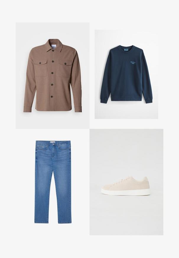 Lichtblauwe sweatshirts met ronde hals en lange mouwen, met een klein "Marc O'Polo Denim" logo op de linkerborst.; Bruine overhemddas van textuurstof met lange mouwen, twee borstzakken en zwarte knopen. Klassiek kraagontwerp.; Lichtblauwe spijkerbroek met een rechte pijp, vijf zakken, subtiele vervaging en metalen accenten op de taille en zakken.; Beige suède sneakers met witte rubberen zolen, ronde neus en zes veterogen. Gladde textuur met minimalistisch ontwerp.