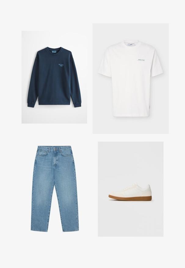 Hellblaues Sweatshirt mit Rundhalsausschnitt, langen Ärmeln und kleinem "Marc O'Polo Denim" Logo auf der linken Brust.; Weißes T-Shirt mit kurzen Ärmeln und rundem Ausschnitt, mit kleinem grünen Text „JUICE IT UP Marc O'Polo Denim“ auf der linken Brustseite.; Hellblaue Jeans aus Denim mit geradem Bein, Fünf-Taschen-Design und leicht verwaschener Textur. Mit Knopf- und Reißverschluss ausgestattet.; Weißer Sneaker mit einer Wildleder-Zehenkappe, glattem Synthetik-Obermaterial und einer sandfarbenen Gummisohle. Verfügt über Perforationen an den Seiten für Atmungsaktivität.