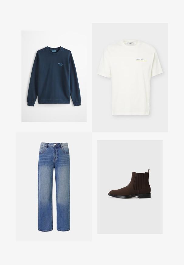 Svetlomodrá mikina s okrúhlym výstrihom, dlhými rukávmi a malým logom "Marc O'Polo Denim" na ľavej strane hrudníka.; Biele tričko s krátkym rukávom s malým modro-žltým nápisom "Oyster Party Marc O’Polo Denim" na ľavej hornej časti hrudníka.; Svetlo modré riflové nohavice s širokými nohavicami a vzorom blednutia, s piatimi vreckami a zapínaním na zips. Majú gombík a pútka na opasok v oblasti pása.; Hnedé semišové Chelsea čižmy s elastickými bočnými panelmi, nízkym podpätkom a úchytom na zadnej strane. Hladká textúra a elegantný dizajn.