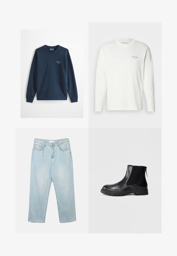 Svetlomodrá mikina s okrúhlym výstrihom, dlhými rukávmi a malým logom "Marc O'Polo Denim" na ľavej strane hrudníka.; Biele bavlnené tričko s dlhým rukávom a okrúhlym výstrihom, s malým námorníckym logom na hrudi. Hladká textúra a pravidelný strih.; Svetlomodré džínsové nohavice s uvoľneným strihom, piatimi vreckami, zapínaním na gombík a jemným vyblednutím. Textúra je hladká a mierne opotrebovaná.; Čierne kožené členkové topánky s hladkým povrchom, elastickými sieťovými bočnými panelmi a robustnou podrážkou s viditeľným vzorom zvršku.