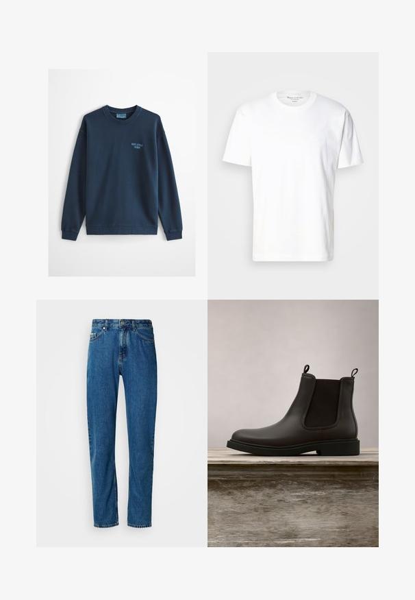 Svetlomodrá mikina s okrúhlym výstrihom, dlhými rukávmi a malým logom "Marc O'Polo Denim" na ľavej strane hrudníka.; Biely bavlnený tričko s okrúhlym výstrihom a krátkymi rukávmi. Má jemný detail loga na prednej strane. Hladká textúra, voľný strih.; Modré džíny s rovnými nohavicami, piatimi vreckami a predným zapínaním na gombík na bielom pozadí.; Čierne kožené Chelsea topánky s elastickými bočnými panelmi a ťahacími pútkami plávajú nad drevenou lavičkou vonku, s trávnatým pozadím.