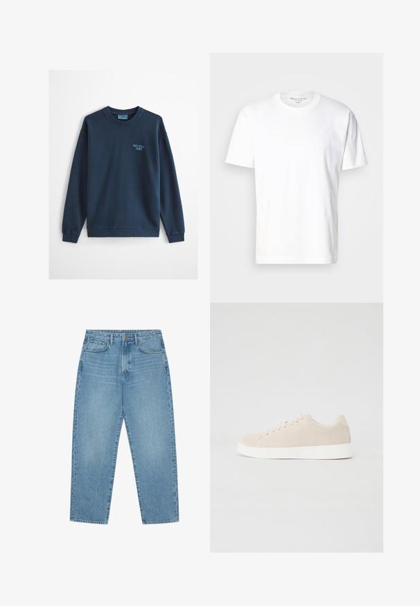Hellblaues Sweatshirt mit Rundhalsausschnitt, langen Ärmeln und kleinem "Marc O'Polo Denim" Logo auf der linken Brust.; Weißes Baumwoll-T-Shirt mit Rundhalsausschnitt und kurzen Ärmeln. Verfügt über ein dezentes Logo-Detail auf der Vorderseite. Weiche Textur, lässige Passform.; Hellblaue Jeans aus Denim mit geradem Bein, Fünf-Taschen-Design und leicht verwaschener Textur. Mit Knopf- und Reißverschluss ausgestattet.; Beige Wildlederschuhe mit weißen Gummisohlen, runder Zehenform und sechs Ösen für die Schnürsenkel. Glatte Textur mit minimalistischem Design.