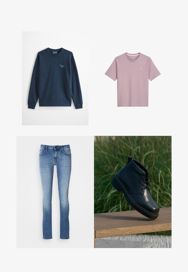 Lichtblauwe sweatshirts met ronde hals en lange mouwen, met een klein "Marc O'Polo Denim" logo op de linkerborst.; Lichtroze t-shirt met korte mouwen van zachte stof, voorzien van een ronde hals en een klein geborduurd logo op de borst.; Lichtblauwe denim jeans met een klassiek vijf-pocket ontwerp, rechte pijpen en subtiele vervaging. Gemaakt van zachte, duurzame stof.; Zwarte leren enkellaars met een gladde afwerking, ronde neus en contrasterende brown hak. Veters en stikseldetails zijn zichtbaar.