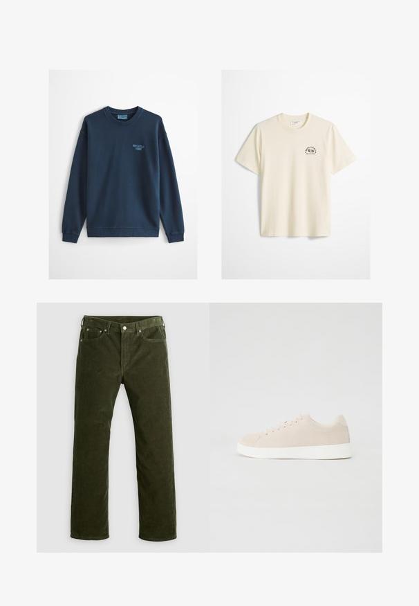 Svetlomodrá mikina s okrúhlym výstrihom, dlhými rukávmi a malým logom "Marc O'Polo Denim" na ľavej strane hrudníka.; Biele krátke bavlnené tričko s okrúhlym výstrihom a malým čiernym športovým logom na ľavej strane hrudníka s nápisom "MOPD SPORTS MARC O'POLO DENIM".; Olivové kordové nohavice s rovnými nohavicami, predným gombíkom, zipsom, pútkami na opasok a dizajnom s piatimi vreckami na bielom pozadí.; Béžové semišové tenisky s bielymi gumovými podrážkami, okrúhlou špičkou a šiestimi očkami na šnúrky. Hladká textúra s minimalistickým dizajnom.