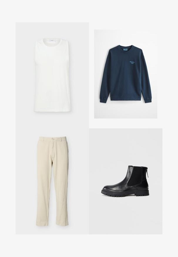 Sweat-shirt bleu clair à col rond avec manches longues et petit logo "Marc O'Polo Denim" sur le côté gauche de la poitrine.; Haut blanc sans manches à col rond en tissu lisse, présenté à plat sur un fond clair.; Pantalon beige à jambes droites avec passants pour ceinture, fermeture par bouton, et poches avant, présenté sur un fond blanc uni.; Bottine en cuir noir avec une finition lisse, des panneaux latéraux en maille élastique et une semelle robuste avec un motif de crampons visible.
