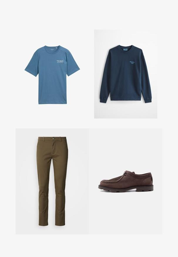 Svetlomodrá mikina s okrúhlym výstrihom, dlhými rukávmi a malým logom "Marc O'Polo Denim" na ľavej strane hrudníka.; Modrá bavlnená tričko s krátkymi rukávmi, okrúhlym výstrihom a jemným potlačeným logom na ľavej hrudi. Mäkká textúra, voľný strih.; Hnedé bavlnené nohavice so slim fit strihom, vybavené zapínaním na gombíky, bočnými vreckami a čistými líniami. Hladká textúra s minimálnymi detailmi švov.; Hnedá kožená topánka so šnurovaním, hrubou podrážkou s protišmykovým vzorom a švami na špičke na jednoduchom svetlom pozadí.