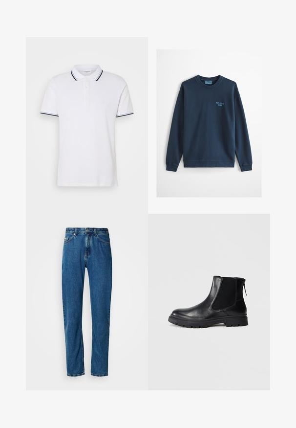 Hellblaues Sweatshirt mit Rundhalsausschnitt, langen Ärmeln und kleinem "Marc O'Polo Denim" Logo auf der linken Brust.; Weißes Poloshirt aus Baumwolle mit kragen, einer Knopfleiste mit drei Knöpfen und navyblauen sowie weißen gestreiften Akzenten an den Ärmeln.; Blaue gerade geschnittene Jeans aus Denim mit fünf Taschen und vorderem Knopfverschluss vor einem weißen Hintergrund.; Schwarze Leder-Ankle-Boots mit einer glatten Oberfläche, elastischen Mesh-Seitenteilen und einer robusten Sohle mit sichtbarem Profil.