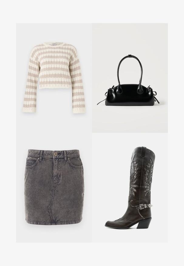Pull en crochet beige et crème, avec des manches larges, des rayures horizontales et un design court à bords festonnés.; Jupe en denim grise avec une texture côtelée verticale, dotée d'une fermeture à boutons sur le devant, de deux poches latérales et d'un ourlet droit.; Botte de cowboy en cuir noir avec découpes décoratives, boucle argentée et talon incliné, présentée sur fond blanc.; Petit sac à main noir brillant avec deux longues anses et des détails à cordon sur les côtés sur un fond clair uni.