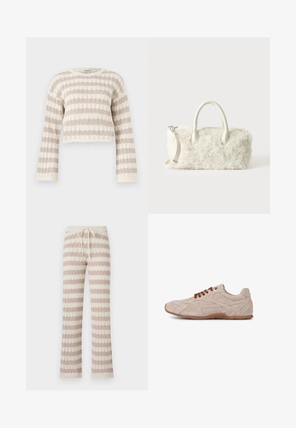 Pull en crochet beige et crème, avec des manches larges, des rayures horizontales et un design court à bords festonnés.; Pantalons d'intérieur tricotés avec des rayures verticales beige et crème, dotés d'une taille à cordon et d'une texture tricotée ouverte.; Baskets en suède beige avec des lacets marron, bout rond et accents texturés sur les côtés. Elles disposent d'une semelle en caoutchouc avec une adhérence pour la traction.; Petit sac à main blanc à texture de fourrure bouclée, doubles poignées et bandoulière amovible sur un fond clair uni.