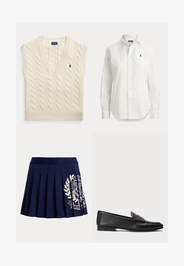 Chaleco de punto con diseño de cable en color crema, sin mangas, con cuello en V y pequeño logo azul oscuro de Polo Ralph Lauren en el pecho.; Camisa blanca de manga larga con botones, cuello y pequeño logo azul de jugador de polo en el pecho izquierdo.; Falda plisada azul marino con cinturilla ancha y logotipo blanco con escudo temático de tenis en el lado inferior derecho.; Mocasin de cuero negro con acabado texturizado, que cuenta con una correa decorativa y tacón plano. Diseño elegante y minimalista con punta redondeada.