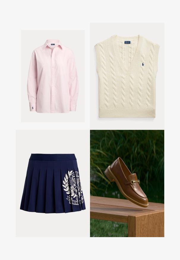 Krémová bezrukávová sveterová vesta s vrkočovým vzorom, výstrihom do V a malým tmavomodrým logom Polo Ralph Lauren na hrudi.; Svetloružová košeľa na zapínanie z hladkej bavlnenej zmesi s klasickým golierom, dlhými rukávmi a malým vyšívaným logom na manžete.; Tmavomodrá plisovaná sukňa so širokým pásom a bielym tenisovým erbom na spodnej pravej strane.; Hnedý kožený mokasín so zlatou sponou vznášajúci sa nad drevenou lavičkou vonku s pozadím zelenej vegetácie.