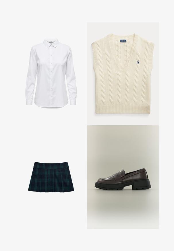 Gilet sans manches en maille torsadée couleur crème avec col en V et petit logo Polo Ralph Lauren bleu foncé sur la poitrine.; Chemise blanche à manches longues, dotée d'un col structuré et d'un ourlet arrondi. Fabriquée à partir d'un tissu lisse et uni, sans motifs ni accents visibles.; Jupe plissée à carreaux en vert foncé et bleu marine avec une ceinture lisse et un accent logo. Présente un design classique à plis superposés.; Mocassin en cuir marron foncé avec semelle épaisse noire et talon bloc bas sur fond neutre.