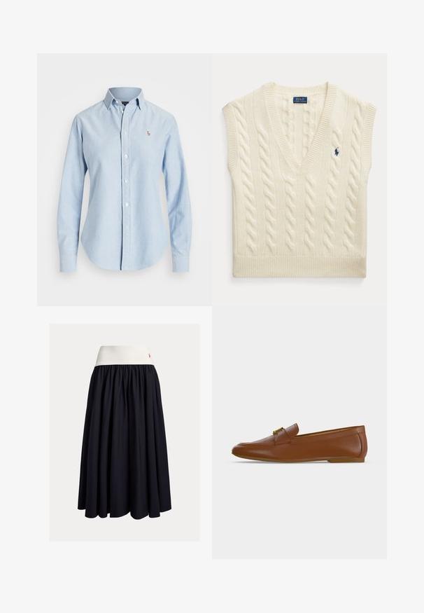 Krémová bezrukávová sveterová vesta s vrkočovým vzorom, výstrihom do V a malým tmavomodrým logom Polo Ralph Lauren na hrudi.; Svetlomodrá košeľa s dlhými rukávmi, gombíkmi, golierom a malým vyšívaným logom na ľavej strane hrude.; Sukňa dĺžky ku kolenám v tmavomodrej látke s bielym elastickým pásom. Má skladaný dizajn a malý červený logo detail.; Hnedý kožený mokasín so zlatou prackou a nízkym plochým podpätkom, zobrazený z bočného profilu na jednoduchom svetlom pozadí.