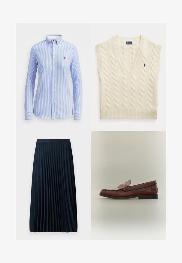Chaleco de punto con diseño de cable en color crema, sin mangas, con cuello en V y pequeño logo azul oscuro de Polo Ralph Lauren en el pecho.; Camisa de botones a rayas azul claro y blanca con cuello, mangas largas y un pequeño logo bordado en la parte izquierda del pecho.; Falda plisada azul marino con una cinturilla texturizada, hecha de una tela suave, que presenta pliegues verticales espaciados uniformemente y un diseño de longitud a media pantorrilla.; Mocasín de cuero marrón para hombre con suela negra y detalle decorativo de correa, mostrado de perfil sobre un fondo neutro.