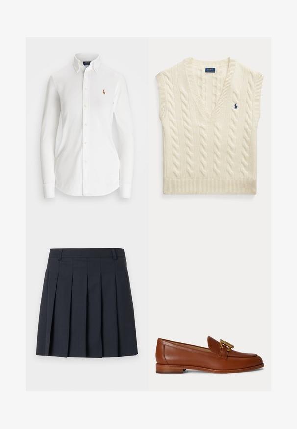 Krémová bezrukávová sveterová vesta s vrkočovým vzorom, výstrihom do V a malým tmavomodrým logom Polo Ralph Lauren na hrudi.; Biela košeľa s dlhými rukávmi a zapínaním na gombíky, s špicatým golierom, vyrobená z bavlny. Na ľavej strane hrude sa nachádza malé vyšívané logo.; Tmavomodrá plisovaná sukňa s plochým pásom, vyrobená z hladkej tkaniny. Má viaceré vertikálne záhyby a prispôsobený strih.; Hnedý kožený mokasín s nízkym vrstveným podpätkom a zlatou kovovou prackou na vrchu, zobrazený v bočnom profile na jednoliatej pozadí.