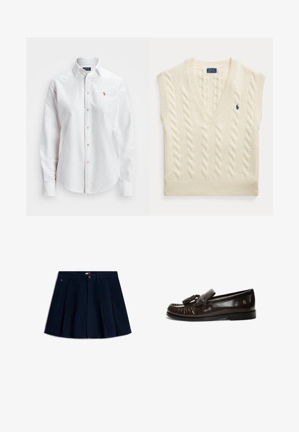 Krémová bezrukávová sveterová vesta s vrkočovým vzorom, výstrihom do V a malým tmavomodrým logom Polo Ralph Lauren na hrudi.; Biela košeľa s dlhými rukávmi a gombíkmi vyrobená z bavlny, s klasickým golierom a malým vyšitým logom na hrudi.; Tmavomodrá plisovaná mini sukňa s prednými gombíkmi a zipsom, pútkami na opasok, bočnými vreckami a malým logom na ľavom bedro.; Tmavohnedý kožený mokasín s strapcom, štepom mocasin, plochou čiernou podrážkou a malým zlatým logom na boku päty.