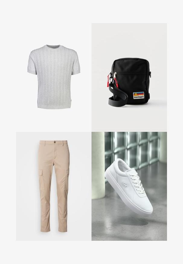 Lysegrå striktrøje med korte ærmer, der har et ribstrikket kabelmønster, rund hals og en tekstureret finish. Blødt materiale med en tætsiddende pasform.; Beige cargo bukser med to sidelommer, slim fit, lavet af letvægtsstof, med en frontknaplukning og bæltesløjfer.; Hvid lavtop sneaker med snøredesign og præget krokodillelogo, placeret over en grå poleret gulv med glasblokvæg i baggrunden.; Kompakt sort crossbody taske med front lynlås lomme, røde lynlåstræk, justerbar rem og et farverigt "montagne" logo patch.