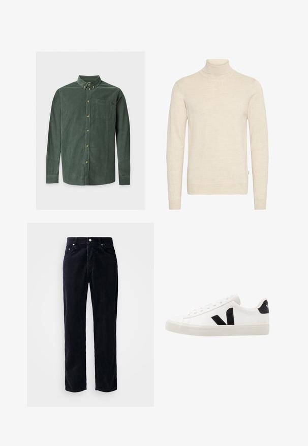 Pull à col roulé beige en tissu tricoté doux. Il présente des manches longues et une coupe ajustée, avec un col et des poignets côtelés.; Chemise en velours côtelé vert à manches longues, col boutonné, poche poitrine avant et boutons beige sur le devant et au col.; Pantalons en velours côtelé bleu marine avec coupe droite, cinq poches et fermeture à bouton. Présente une texture à côtes verticales et des détails en métal.; Sneaker blanche en cuir avec des accents en daim noir ; dispose d'une semelle en caoutchouc, d'un bout rond et d'un design classique à lacets. Logo latéral en noir.