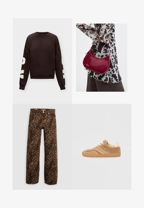 Mørkebrun langærmet sweatshirt med ribkanter på ærmer og kant og store hvide blokbogstaver på hvert ærme.; Bordeaux og tan leopardprint brede benjeans. Fremstillet af denim, med et klassisk fem-lomme design og metalhardwaredetaljer.; Beige ruskindsneakers med fluffy tekstur og cremede detaljer. Har flade snørebånd og små perforeringer for åndbarhed. Gummisål.; Kvinde iført en sort- og hvidmønstret bluse, der holder en blank rød skuldertaske mod en ensfarvet baggrund.