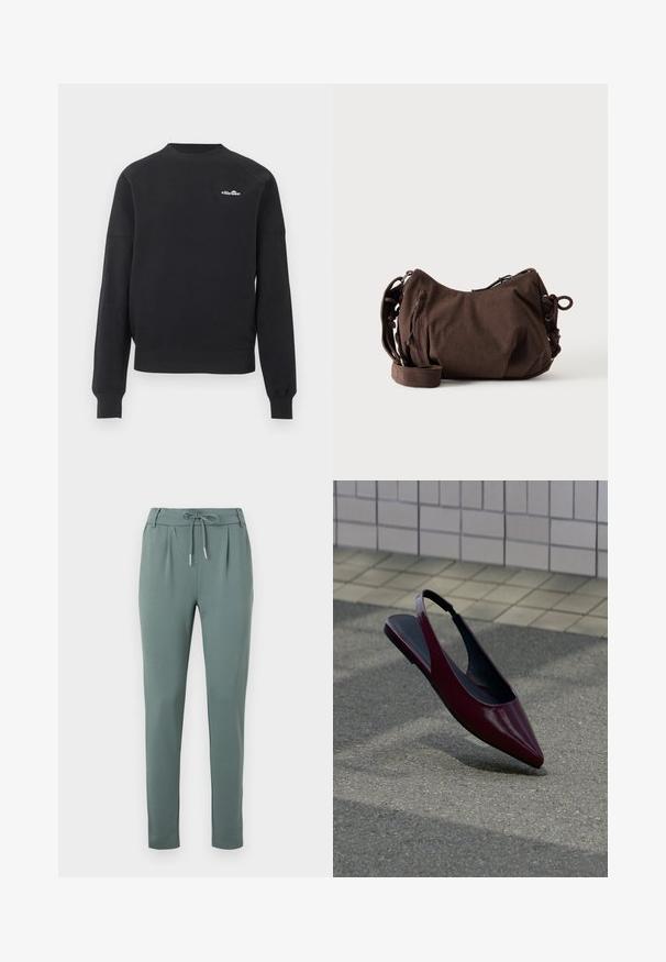 Sweat-shirt noir à col rond avec manches longues et petit logo blanc « ellesse » sur le côté gauche de la poitrine, présenté sur un fond gris clair uni.; Pantalons gris-vert en tissu doux, avec taille à cordon de serrage, plis à l'avant et jambes droites avec ourlets élastiques.; Chaussure plate slingback en cuir verni marron avec bout pointu flottant au-dessus d'un trottoir texturé près d'un mur carrelé.; Sac à bandoulière en velours côtelé marron avec sangle réglable, fermeture éclair et détails à cordon latéraux sur fond blanc.