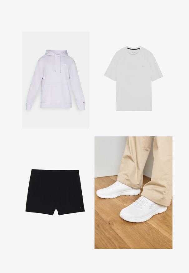Licht paarse hoodie met een kangoeroezak, capuchon met trekkoord en een klein wit logo op de borst. Gemaakt van zachte stof met geribde manchetten.; Witte t-shirt met korte mouwen en ronde hals, voorzien van raglanmouwen, een subtiele logo op de borst en contrasterende afwerking aan de hals.; Zwarte sportshorts met een gladde textuur, elastische tailleband en twee zijzakken. Voorzien van een klein logo aan de onderzijde rechts.; Witte mesh sport schoenen met een gestructureerde bovenkant en elastische veters. De zool is gevoerd met een golfpatroon. Gemaakt met beige broek op een houten vloer.