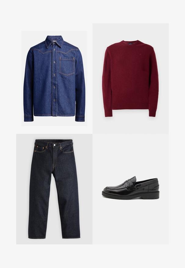 Hackett London CREW - Trui - burgundy red; Donkerblauwe denim overhemd met lange mouwen, puntige kraag, knoopsluiting, borstzak en contrasterende oranje stiksel.; Donkerblauwe denim jeans met een rechte snit, vijf zakken, contrasterende oranje stiksels en een knoopsluiting. Geen zichtbare patronen of versieringen.; Zwarte leren instappers met een gladde afwerking, ronde neus, lage hak en decoratieve stiksels aan de voorkant. Rubberen buitenzool voor grip.