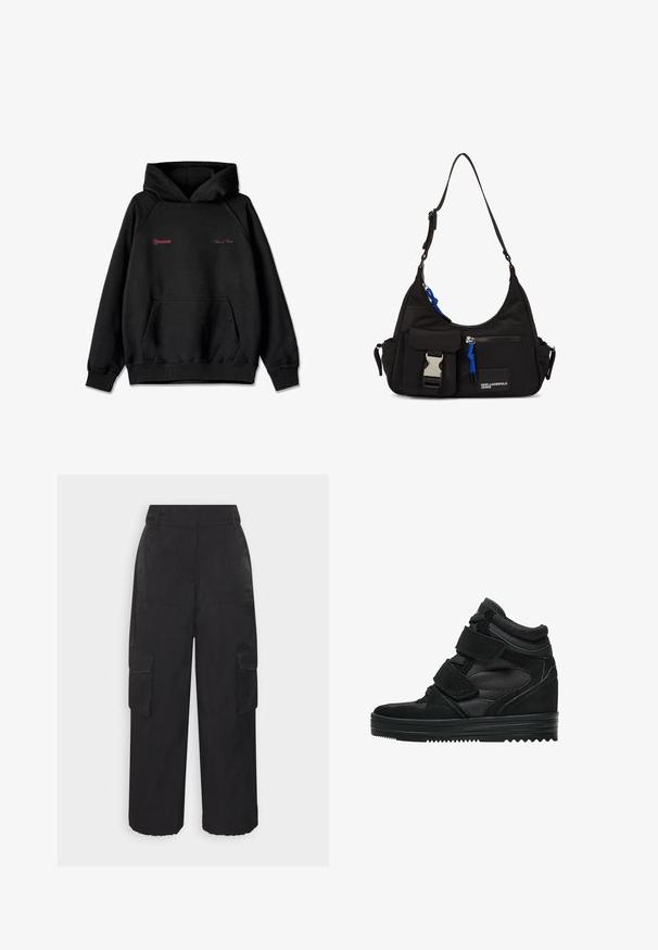 Sweat-shirt à capuche noir avec poche avant, texte rouge "Pegador" et "Values & Visions" sur la poitrine, et broderie discrète sur la manche gauche.; SOMETHINGNEW SNNAOMI PANT - Pantalon cargo - black; Baskets montantes noires en suede et mesh, avec des bandes Velcro, une finition lisse et une semelle en caoutchouc texturée pour une meilleure adhérence.; Sac à épaule en nylon noir avec une forme incurvée, une sangle ajustable, une poche avant avec fermoir, des accents bleus et un détail de logo.