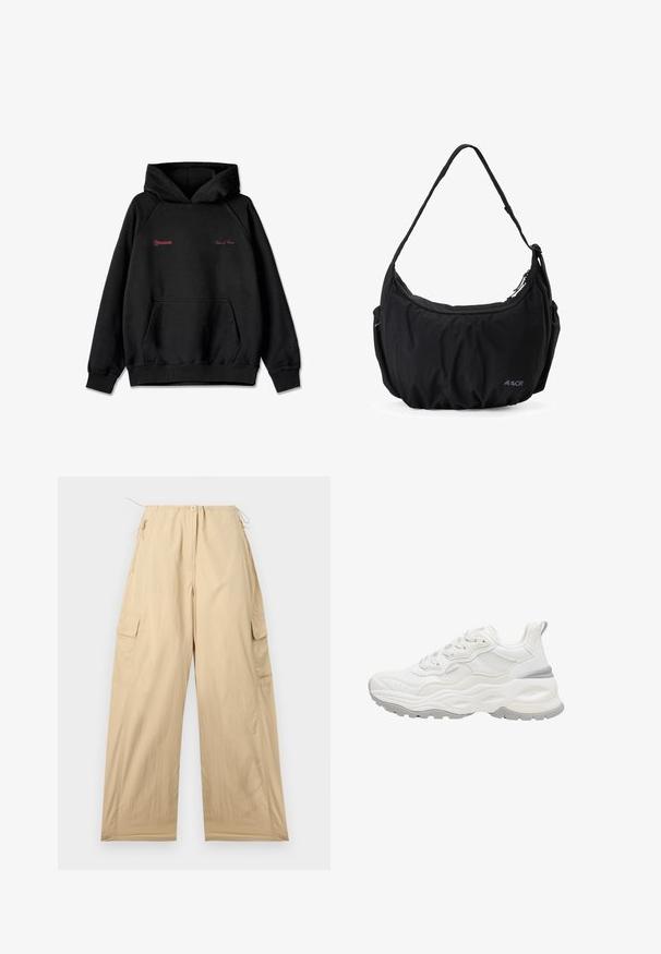 Schwarzer Kapuzenpullover mit vorderer Tasche, rotem Text "Pegador" und "Values & Visions" auf der Brust sowie dezentem Stickerei auf dem linken Ärmel.; Beige Cargo-Hosen mit lockerer Passform, ausgestattet mit einem Kordelzugbund, zwei Seitentaschen und einem glatten, leichten Material.; Weißer klobiger Sneaker mit profiliertem Profil, Mesh- und Lederobermaterial, Schnürverschluss und Zuglasche an der Ferse vor weißem Hintergrund.; Schwarze Schultertasche aus Stoff mit verstellbarem Riemen, Reißverschluss, Seitentaschen und kleinem "AEVOR"-Logo vorne unten rechts.