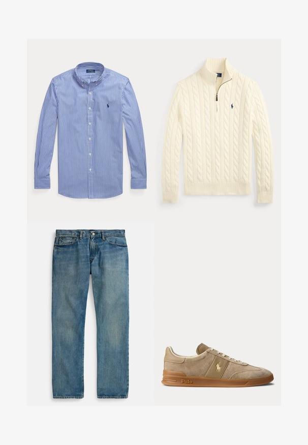Crèmekleurige kabelgebreide trui met een kwartrits en een klein geborduurd marineblauw logo op de linkerborst.; Blauw-wit verticale gestreepte blouse met lange mouwen, knopen en een button-down kraag, met Polo Ralph Lauren-logo op de borst.; Lichtblauwe denim jeans met een rechte pijpvorm, voorzien van vijf zakken, een knoopsluiting en subtiele vervaging voor textuur.; Beige suède en leren lage sneaker met gumzool, witte veters en Polo-logo op de zijkant en zool.