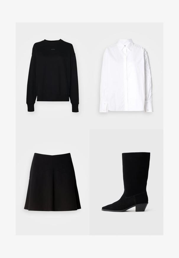 Sort sweatshirt lavet af en blanding af bomuld, med lange ærmer, en rund halsudskæring og et diskret logo i midten. Boxy pasform med ribbestrikkede manchetter.; Hvid skjorte med klassisk krave, lange ærmer og manchetter. Fremstillet af glat stof, den har en midt foran placket.; Sort flagrende nederdel lavet af blødt stof, med en tætsiddende talje og sømdetaljer. Glat tekstur med et enkelt, klassisk design.; Sort ruskind ankelstøvle med spidse tæer, mellemhøj skaft og en chunky hæl. Fuldender et minimalistisk design med lidt syninger og en glat tekstur.